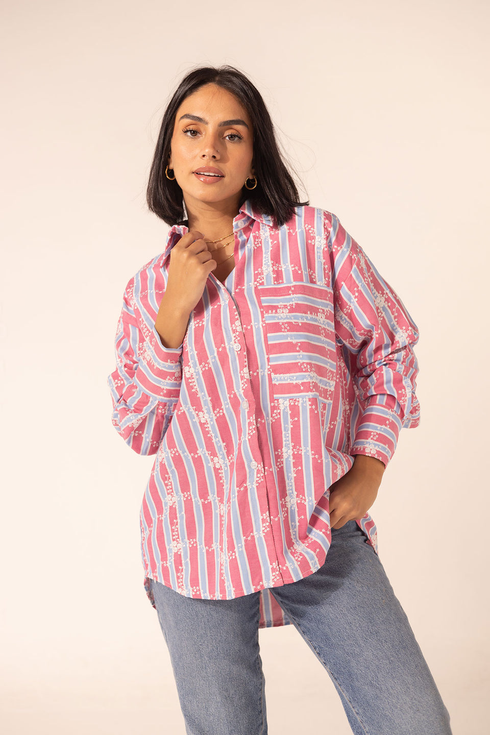 Pink Embroidered Checkers Shirt