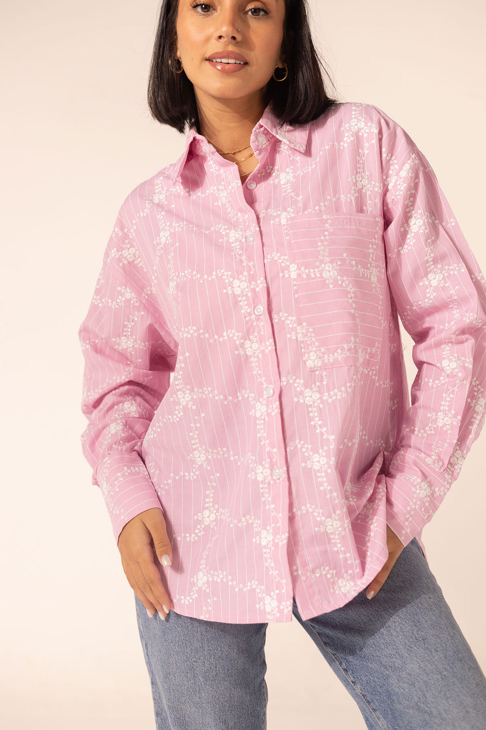 Pink Embroidered Checkers Shirt
