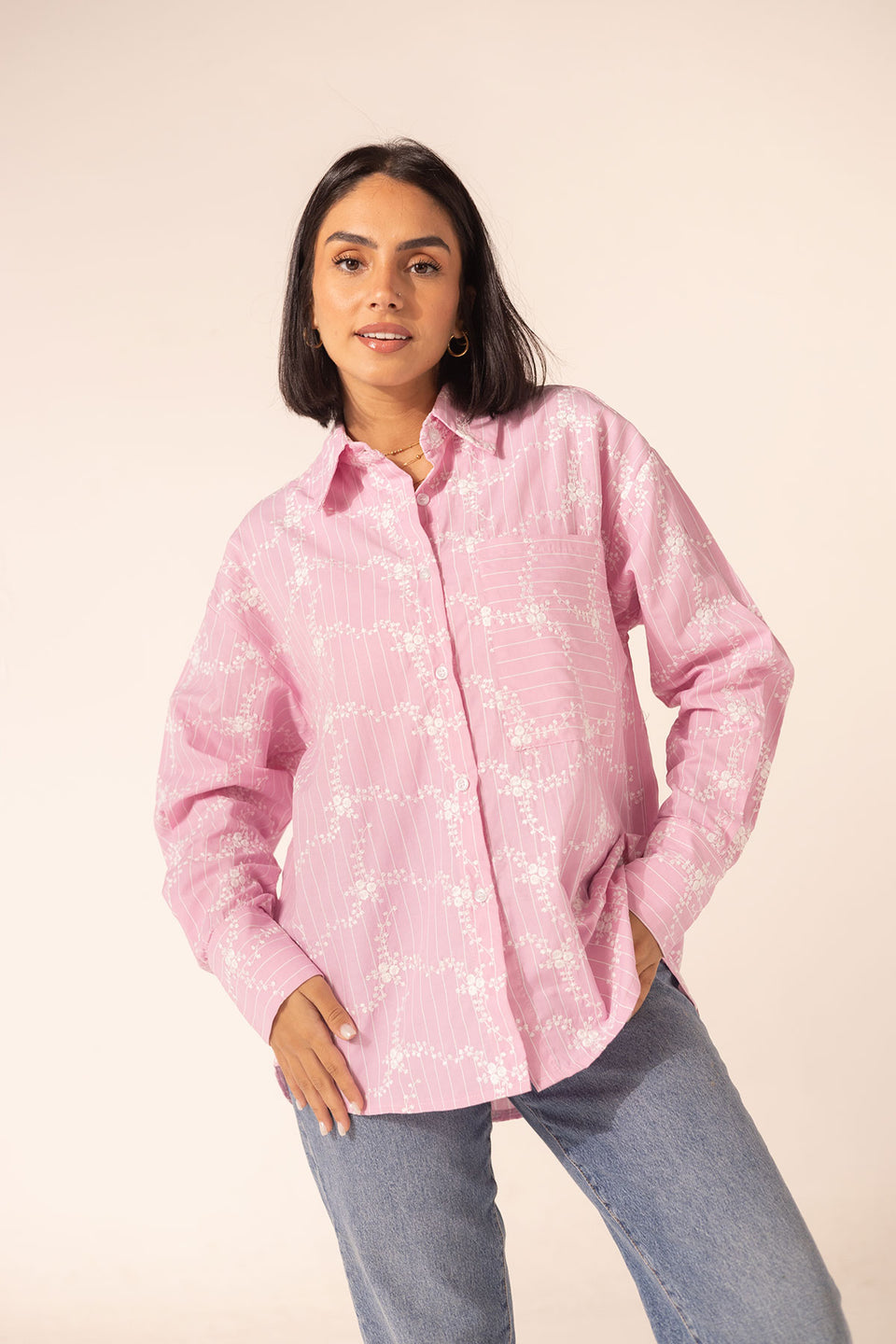 Pink Embroidered Checkers Shirt