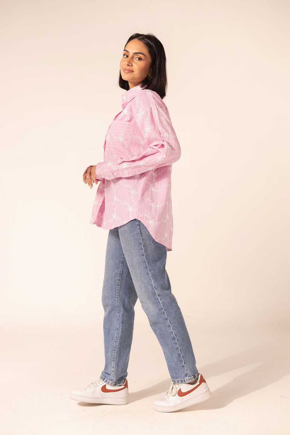 Pink Embroidered Checkers Shirt