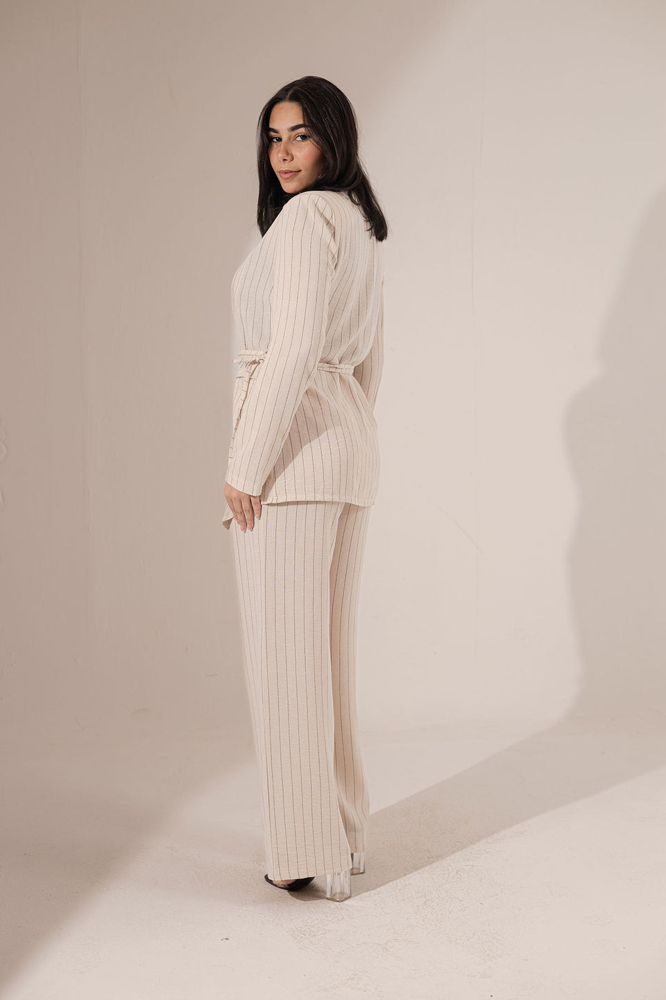 Beige Srtiped Warp Linen Blazer