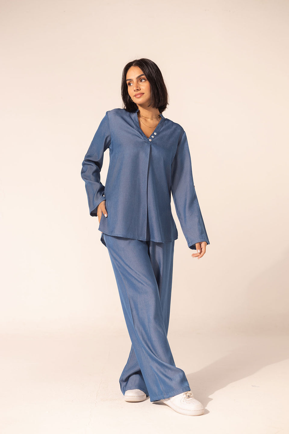 Blue Light Denim-Look Two-Piece Set