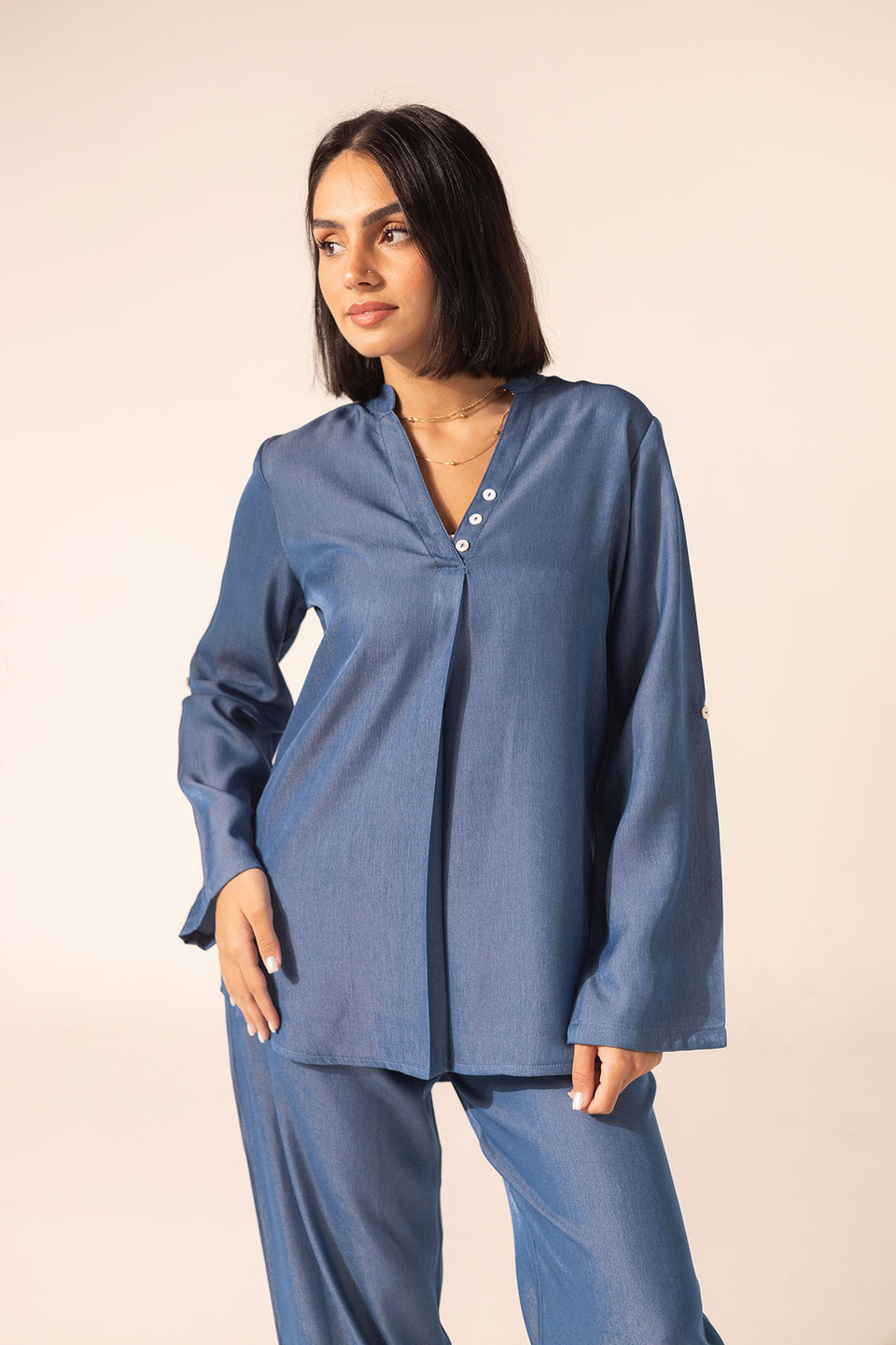 Blue Light Denim-Look Two-Piece Set