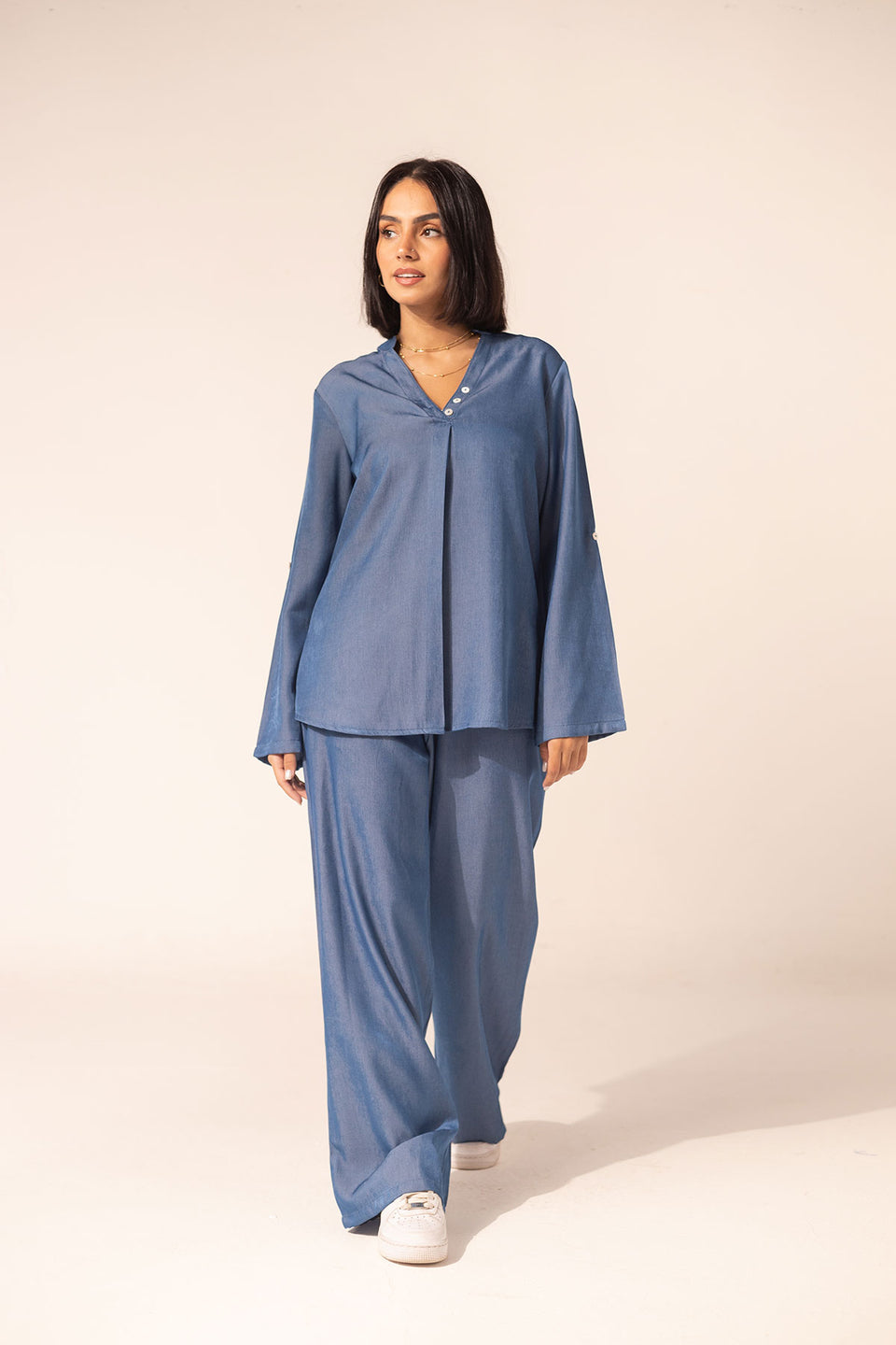 Blue Light Denim-Look Two-Piece Set