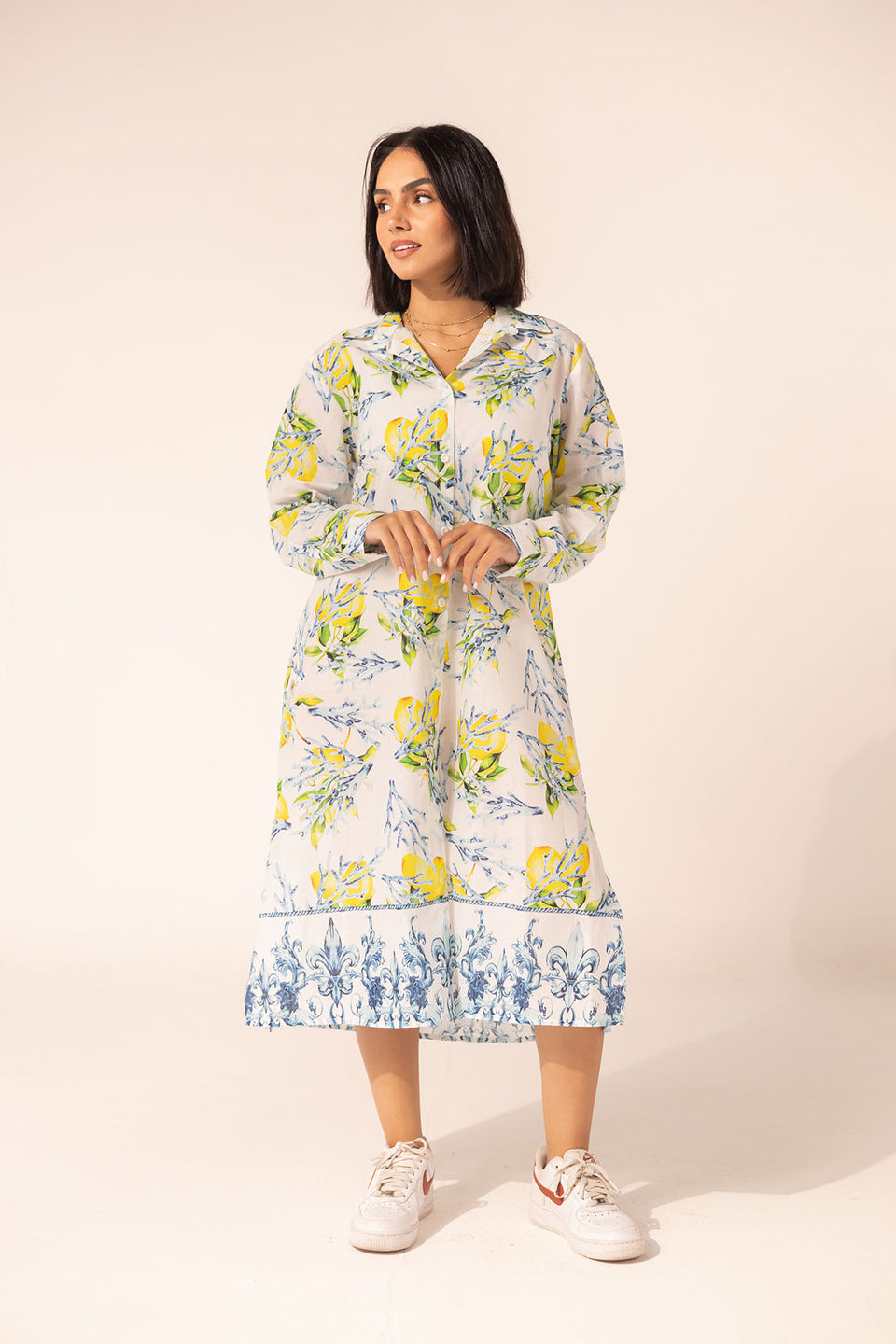 Blue Floral Shirt Dress with Ornamental Hem