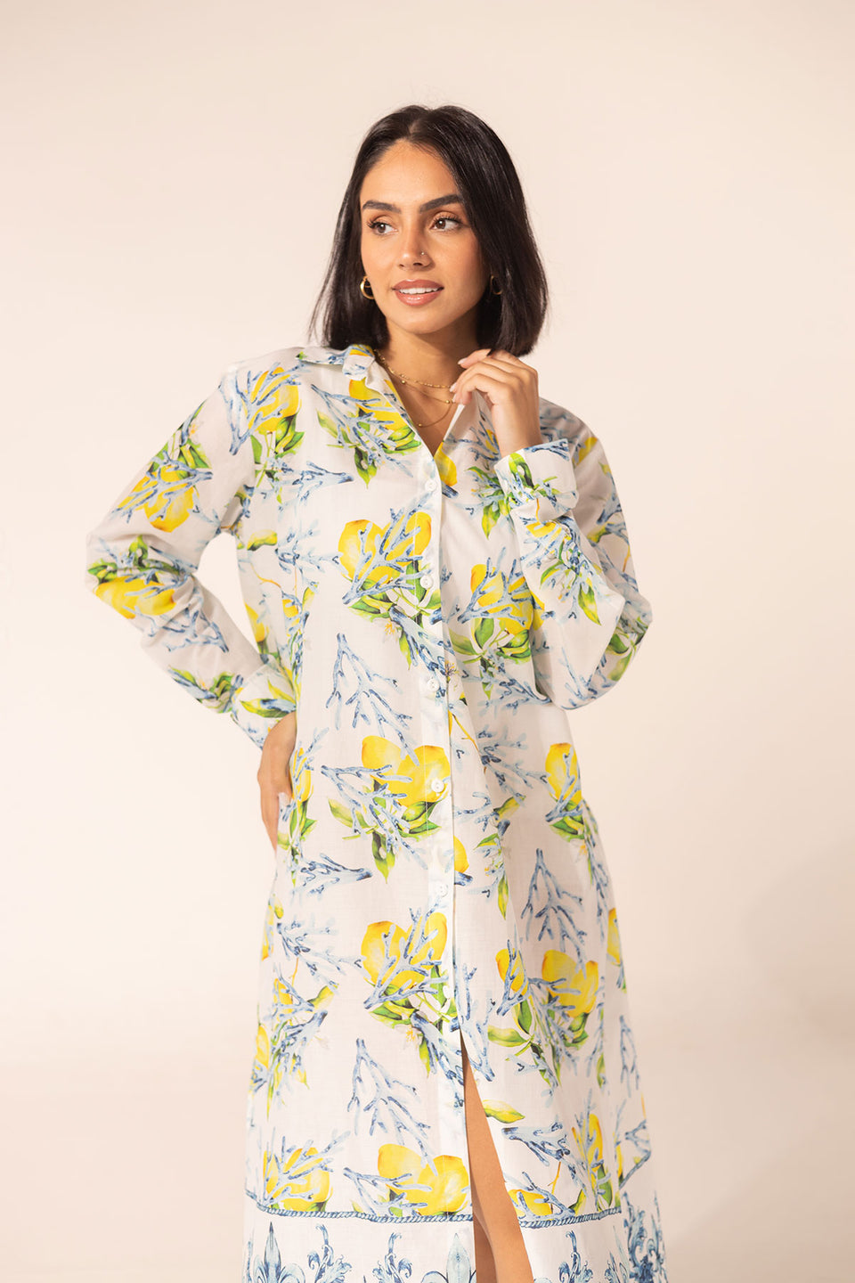 Blue Floral Shirt Dress with Ornamental Hem