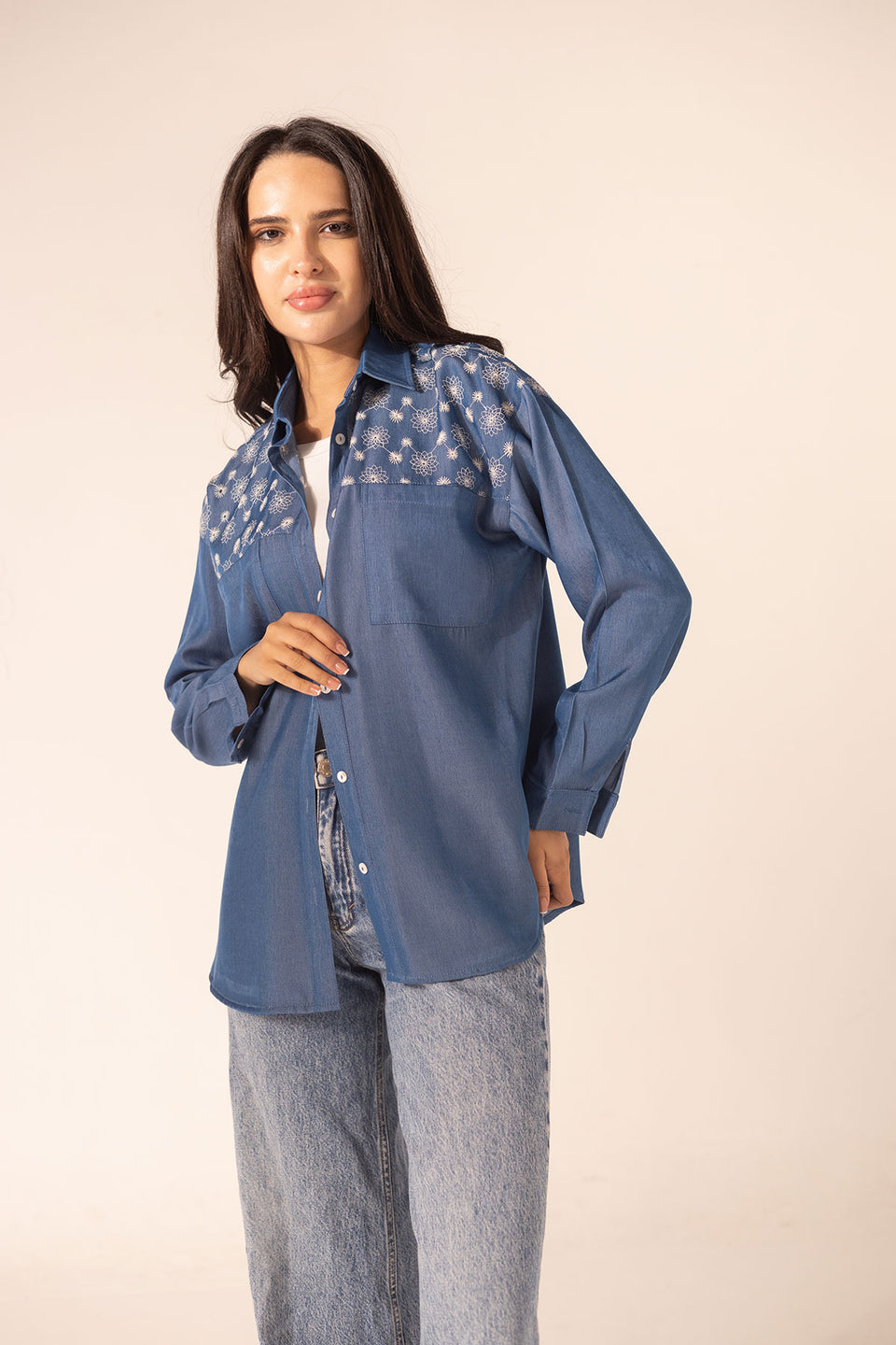 Blue Oversized Shirt with White Embroidery on Shoulders