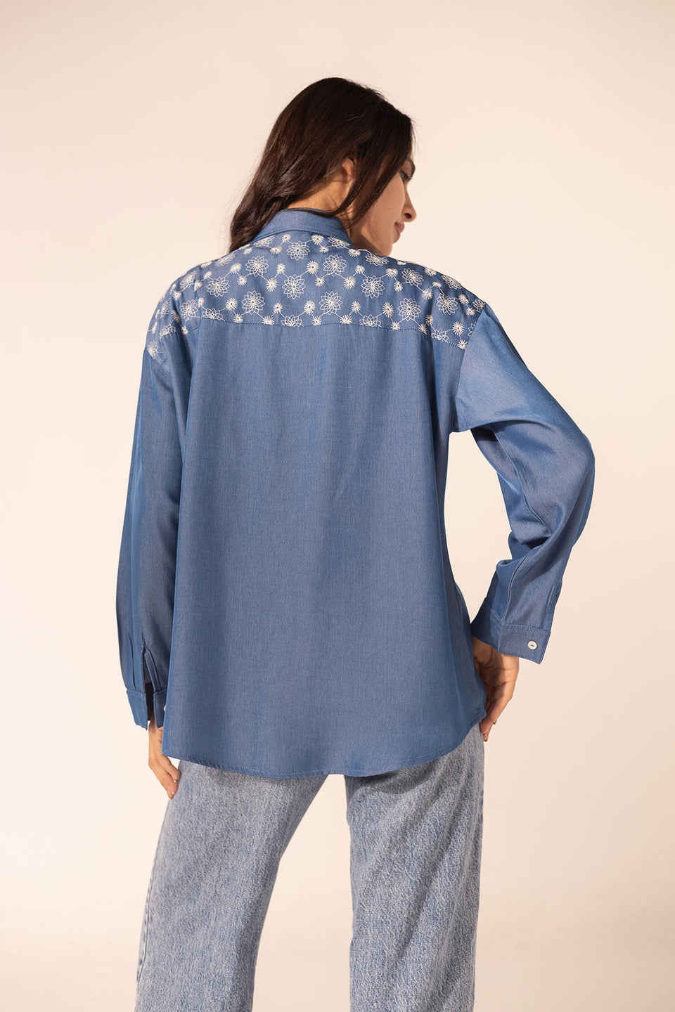 Blue Oversized Shirt with White Embroidery on Shoulders