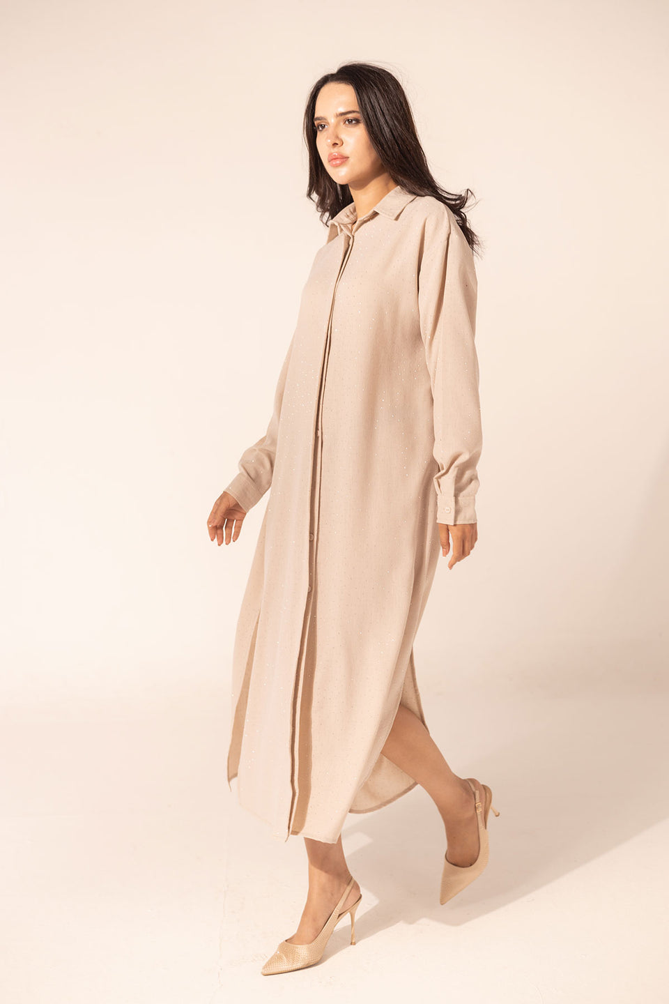 Beige Sparkle Linen Shirt Dress