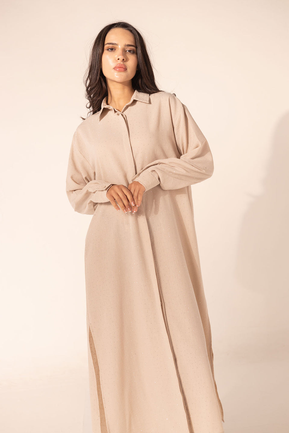 Beige Sparkle Linen Shirt Dress