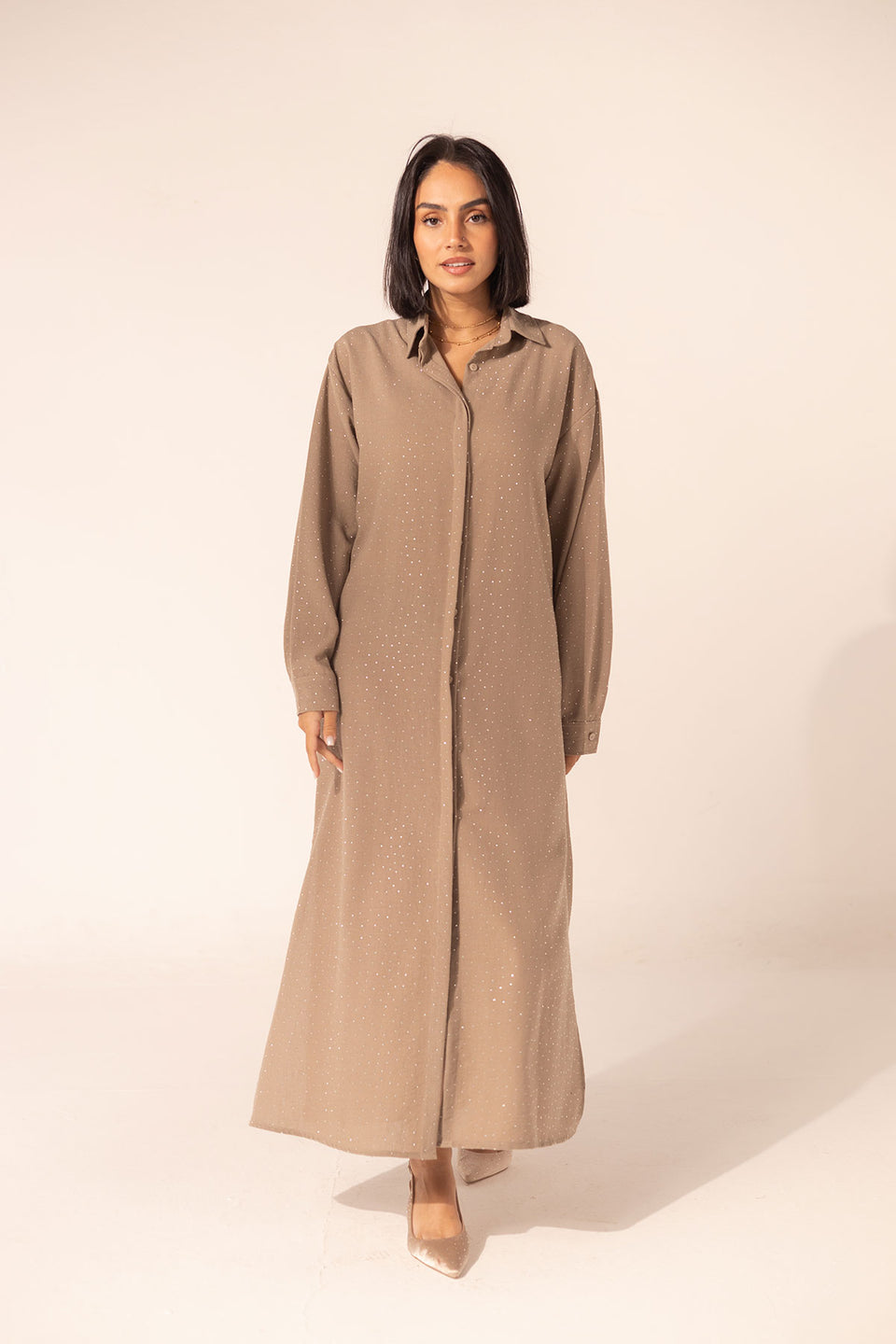 Coffe Sparkle Linen Shirt Dress