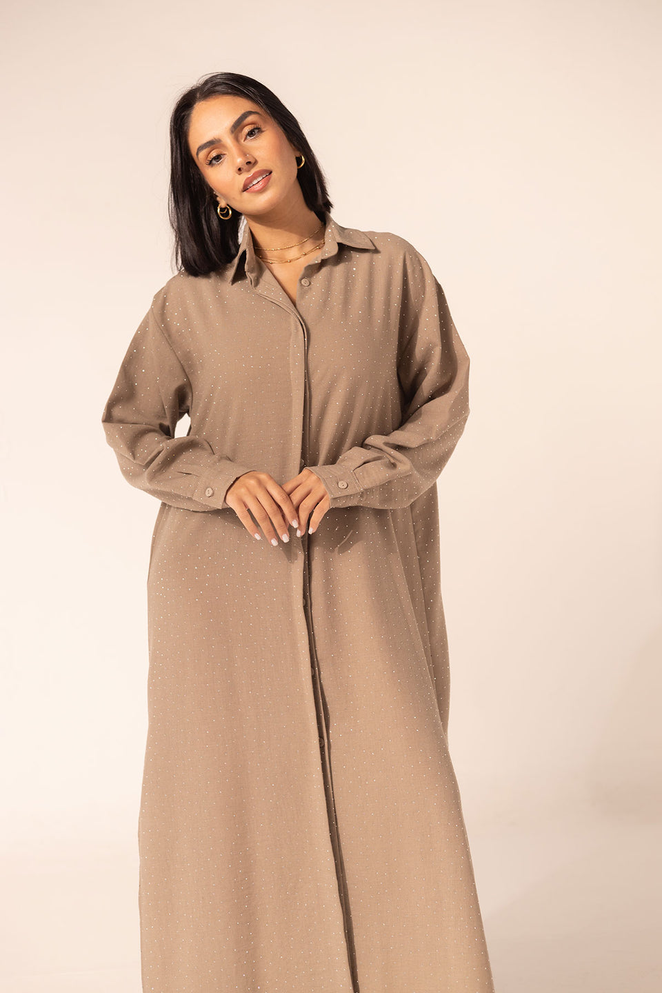 Coffe Sparkle Linen Shirt Dress