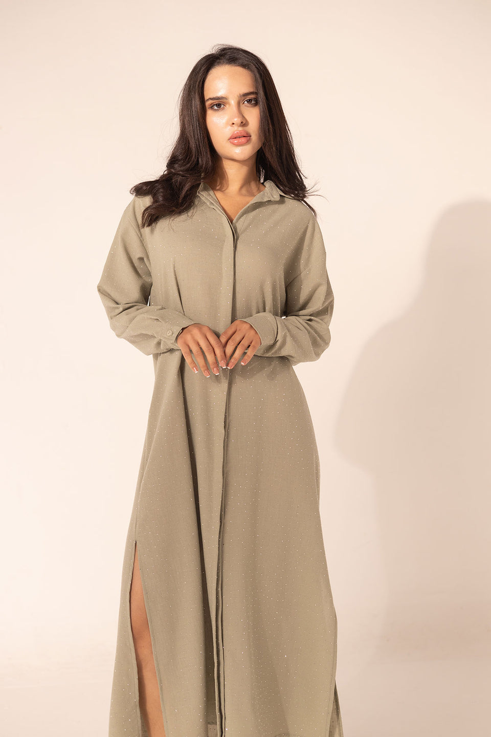 Olive Sparkle Linen Shirt Dress