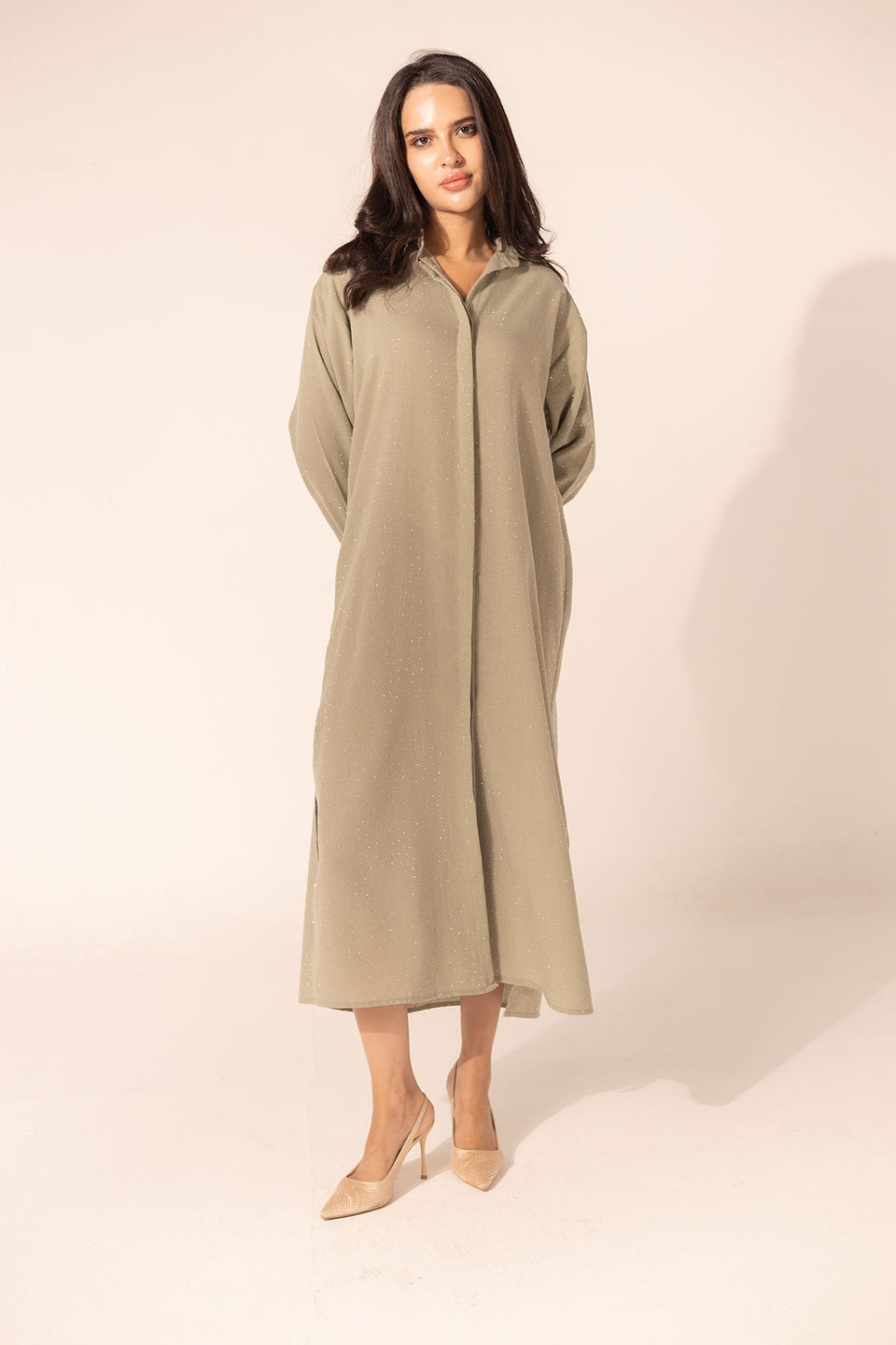 Olive Sparkle Linen Shirt Dress
