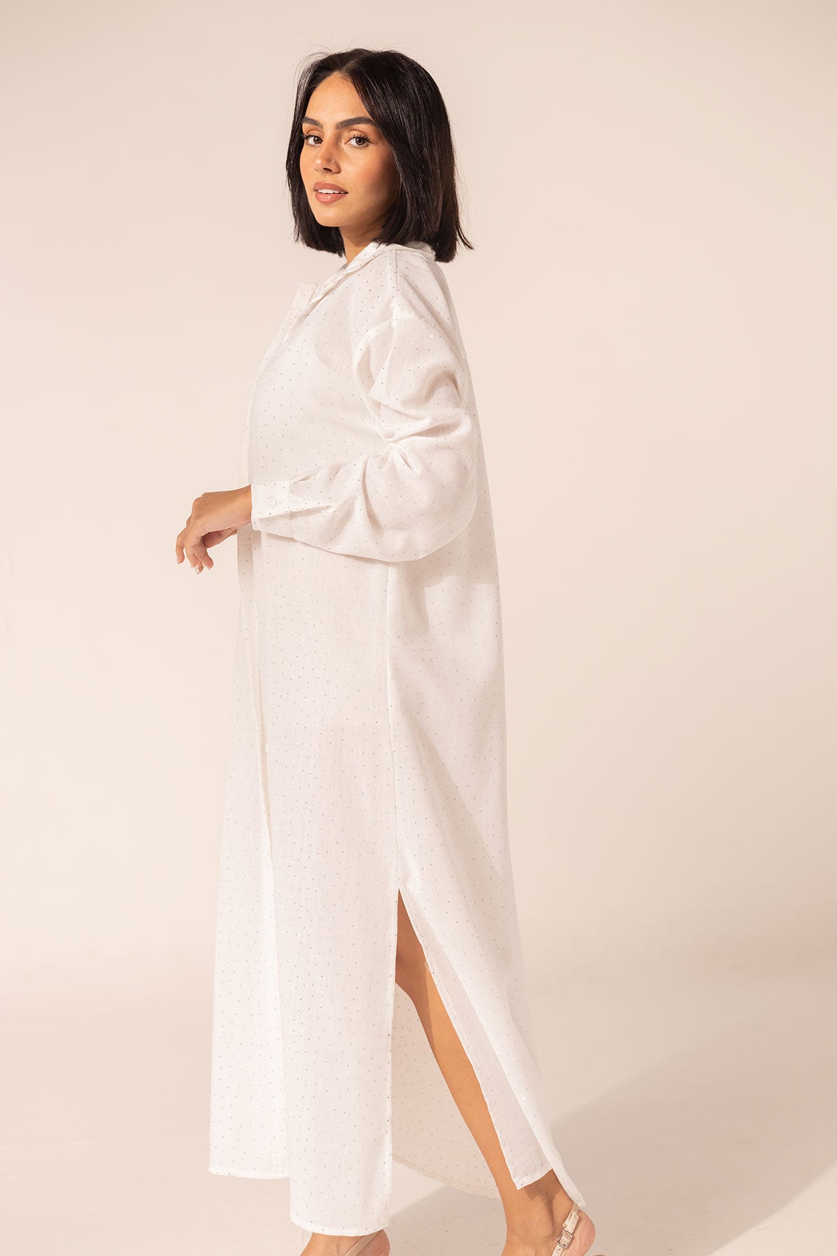 White Sparkle Linen Shirt Dress