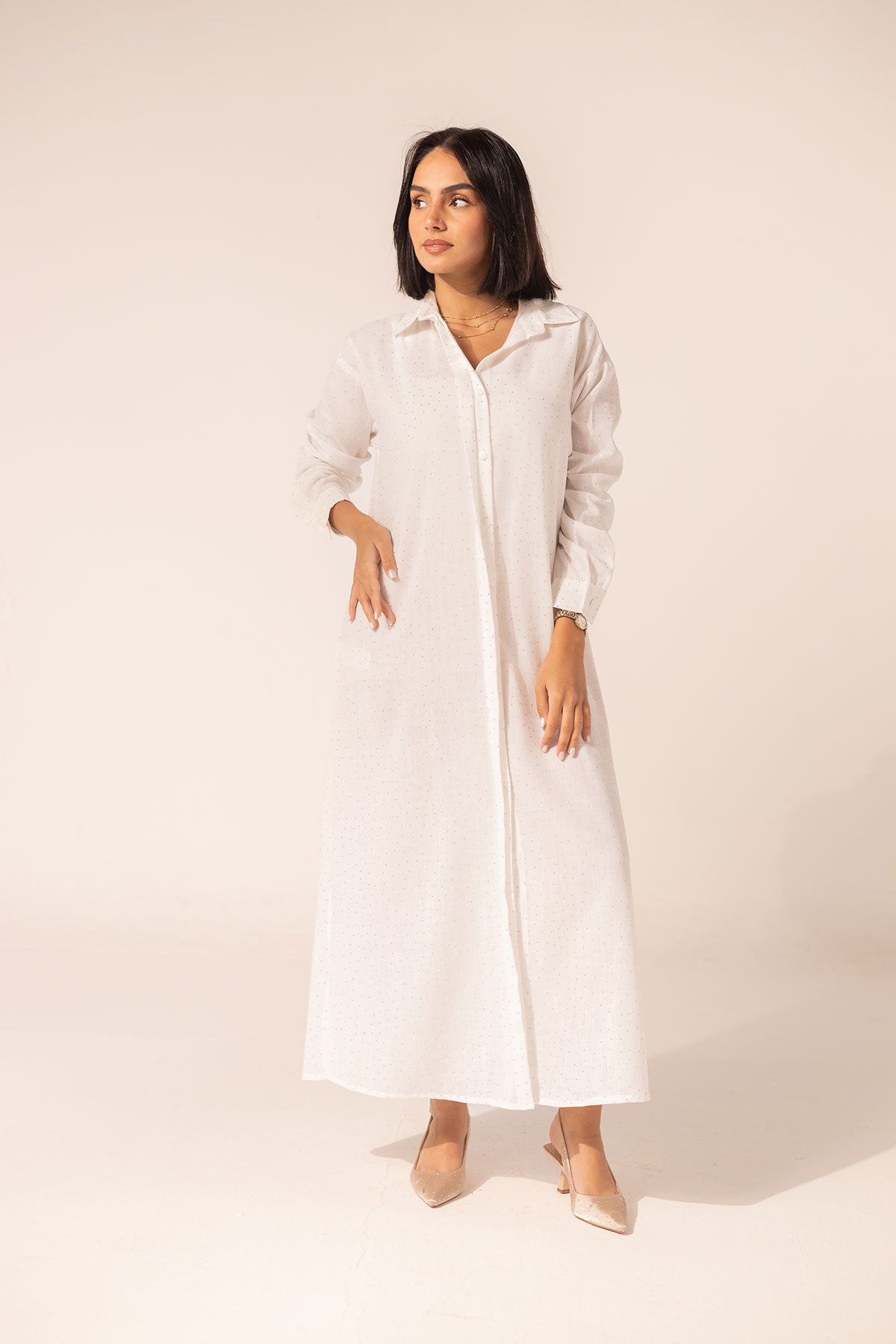 White Sparkle Linen Shirt Dress