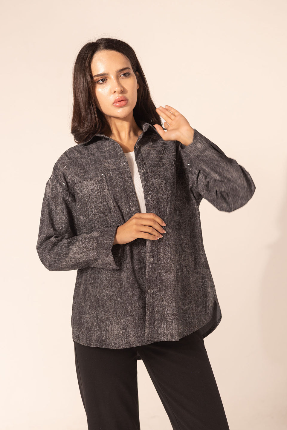 Black Denim Sparkle Embroidered Shirt