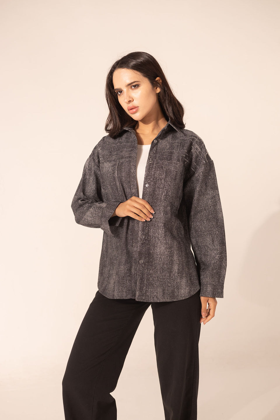 Black Denim Sparkle Embroidered Shirt