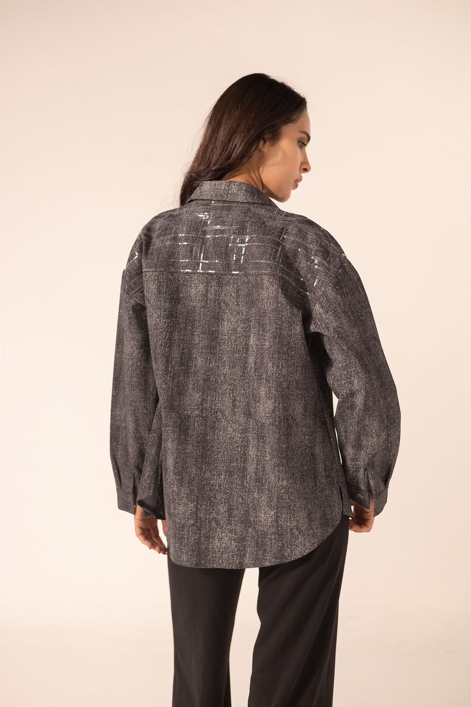 Black Denim Sparkle Embroidered Shirt