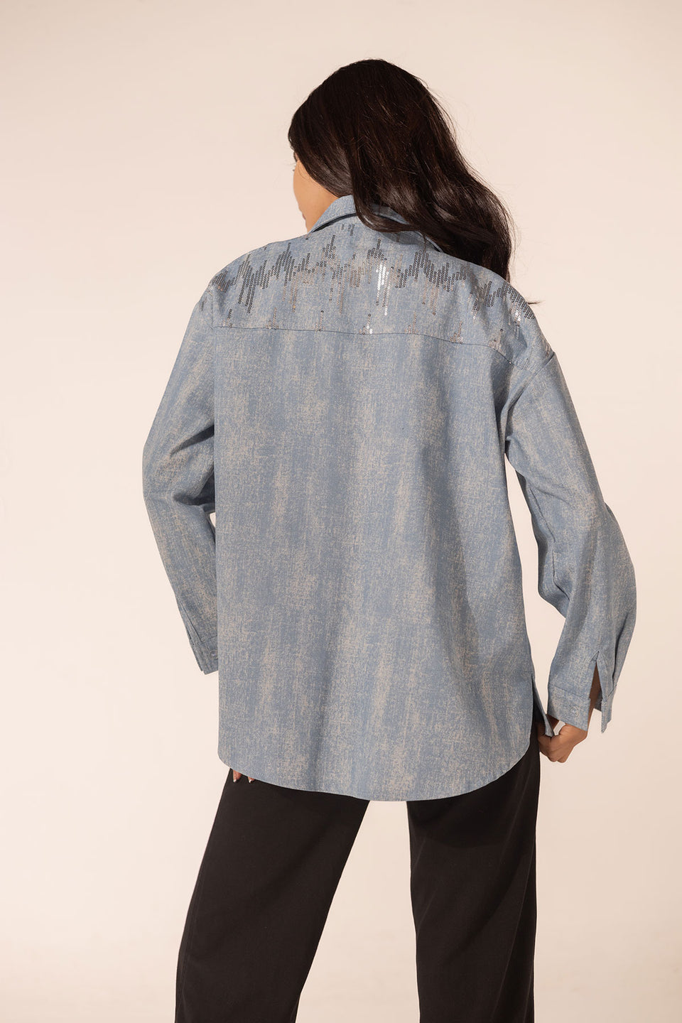 Blue Denim Sparkle Embroidered Shirt