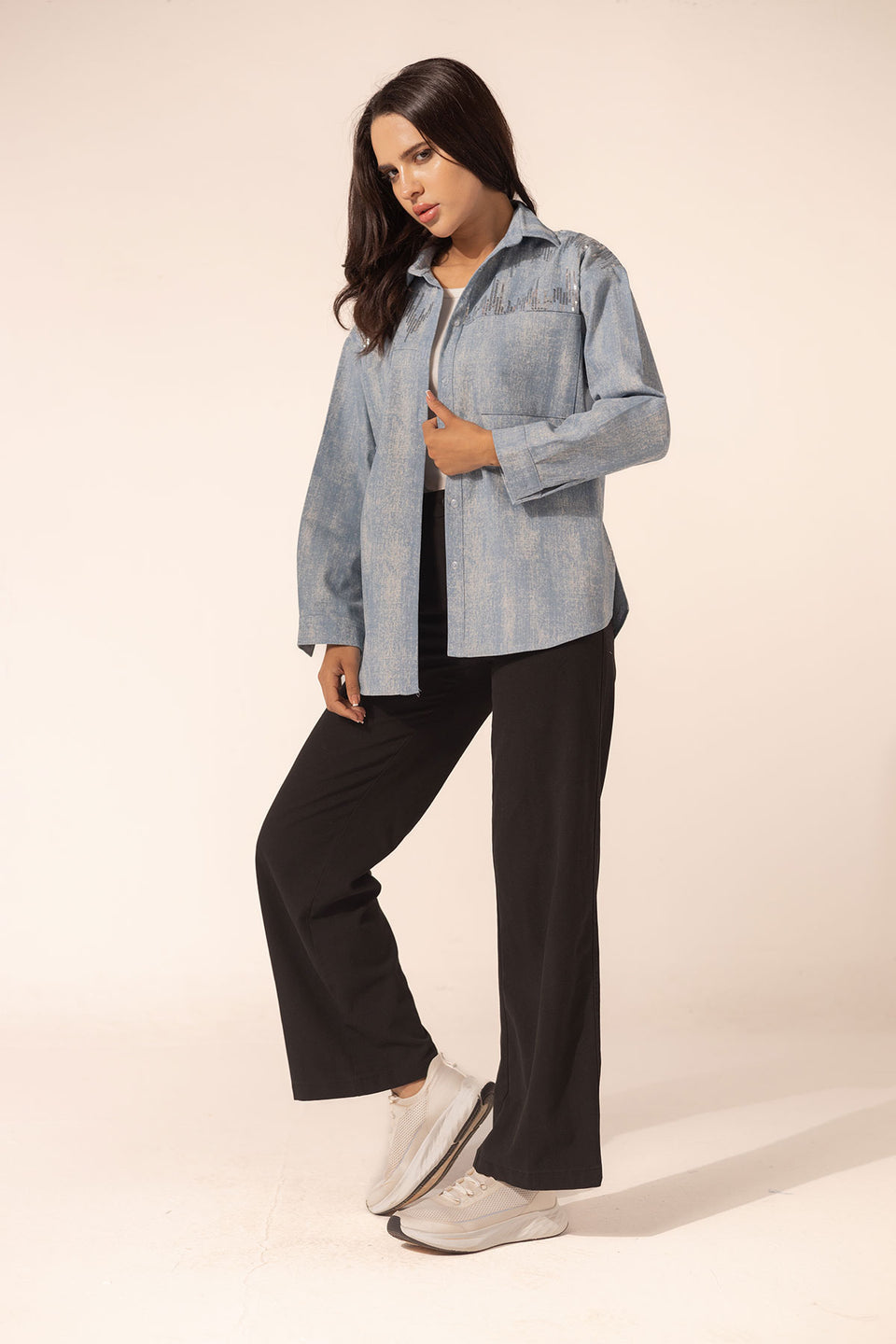 Blue Denim Sparkle Embroidered Shirt