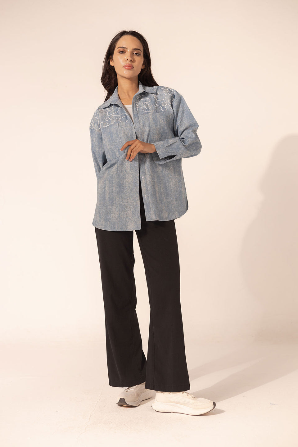 Blue Denim Circular Embroidered Shirt
