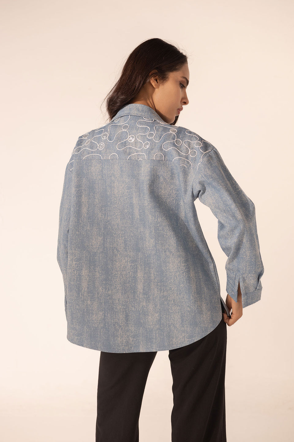 Blue Denim Circular Embroidered Shirt
