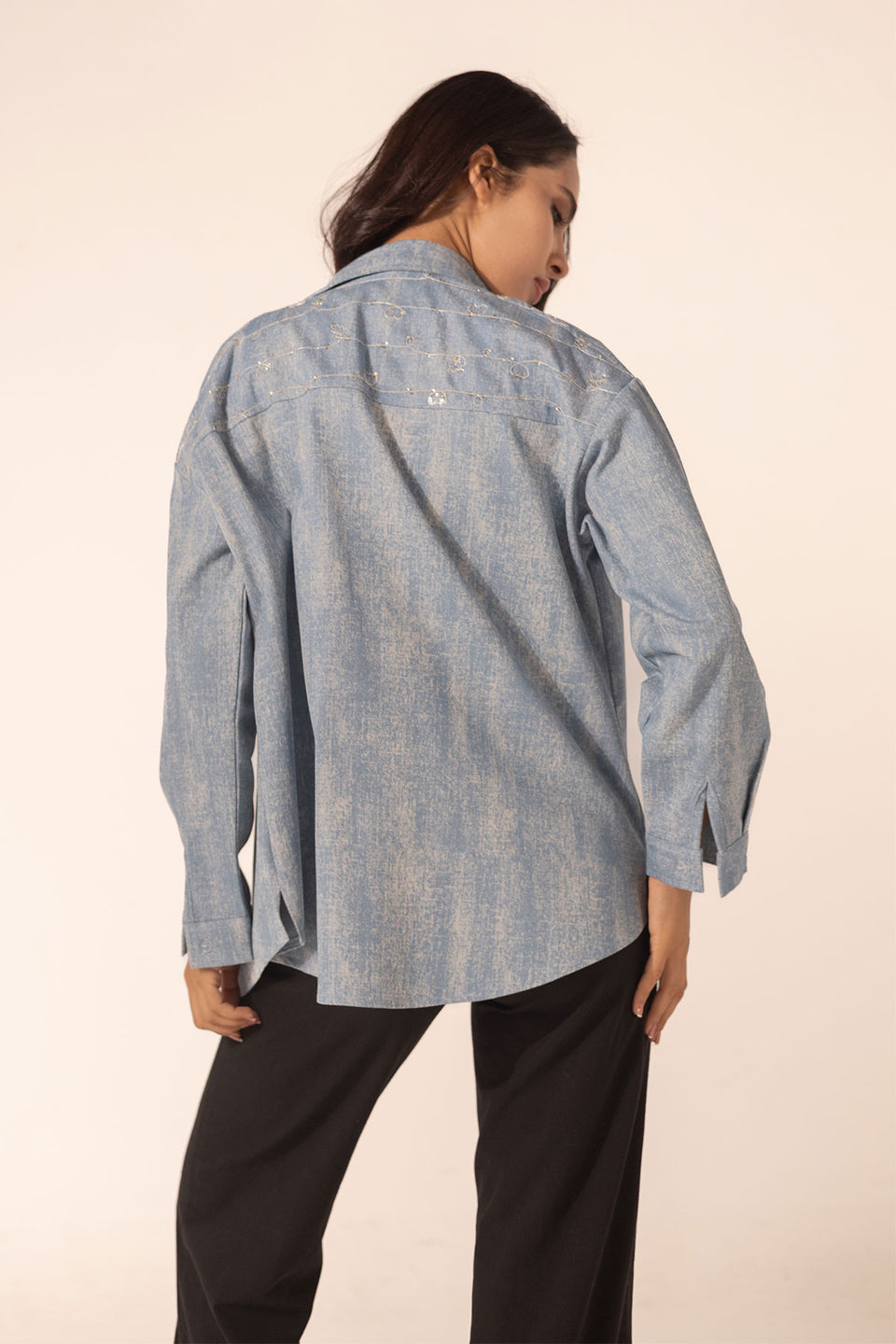 Blue Denim Hearts Embroidered Shirt