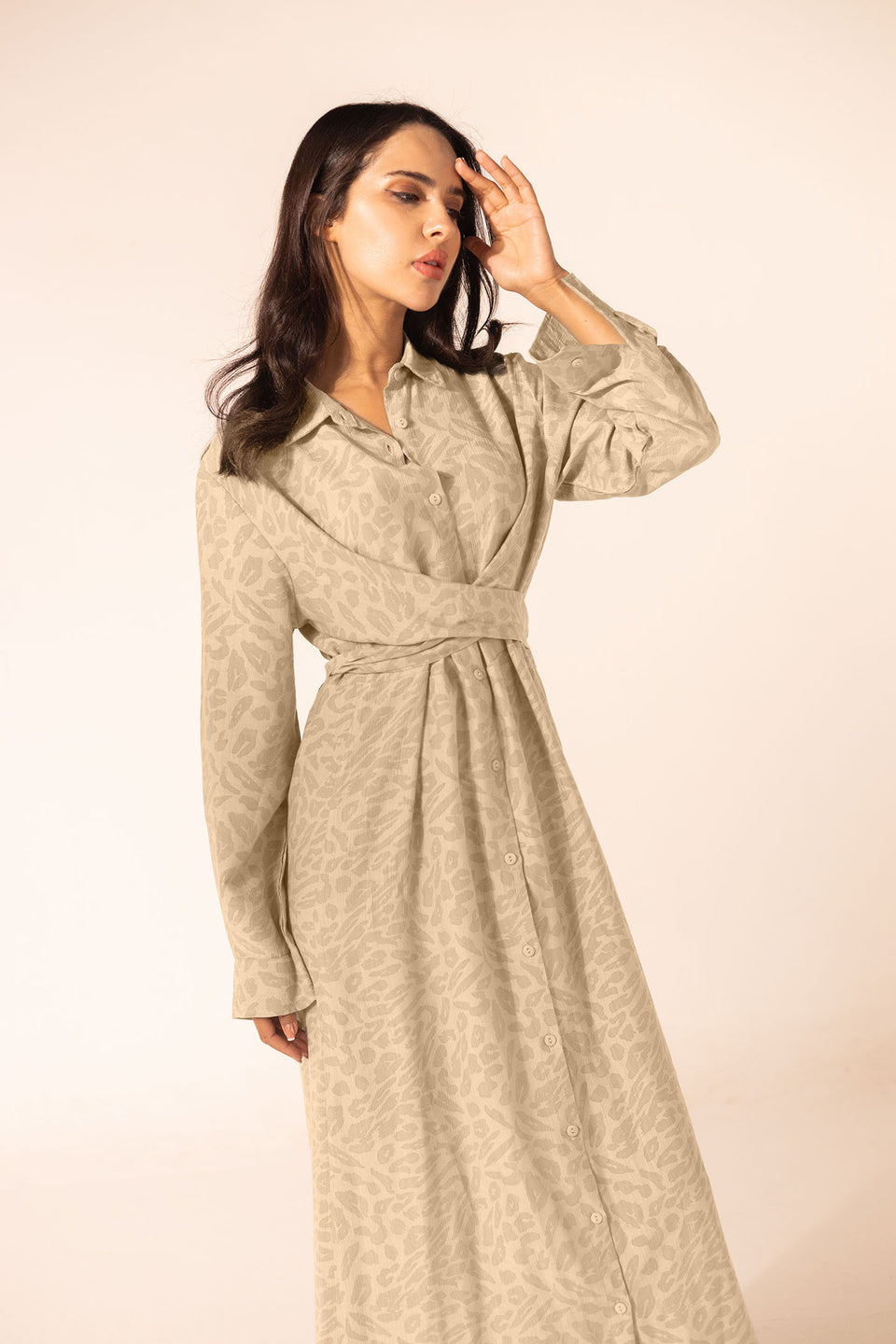 Beige Patterned Wrap Summer Dress