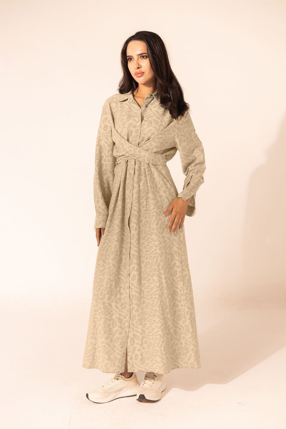 Beige Patterned Wrap Summer Dress