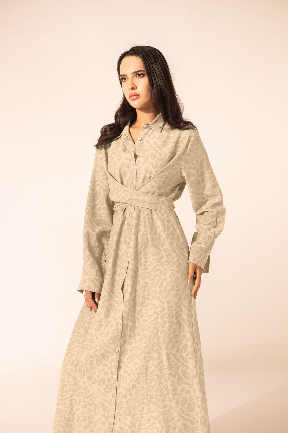 Beige Patterned Wrap Summer Dress