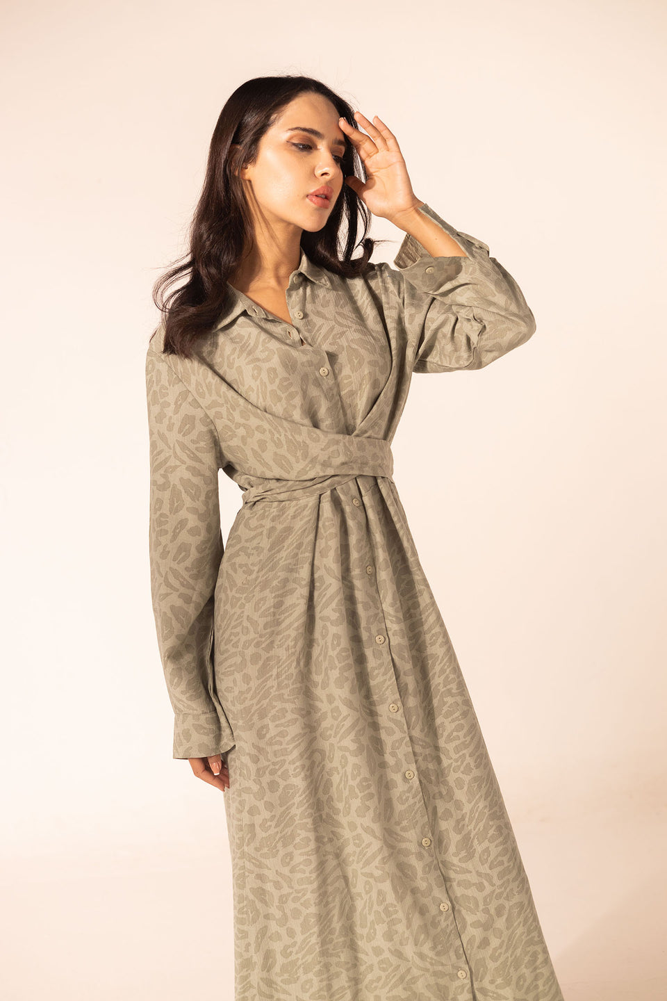 Olive Patterned Wrap Summer Dress