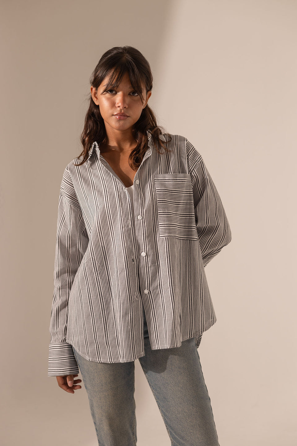 Grey Striped Long Sleeves Shirt