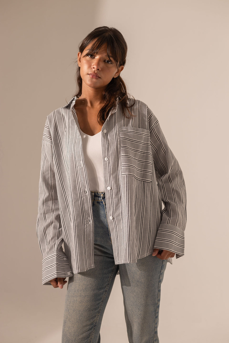 Grey Striped Long Sleeves Shirt