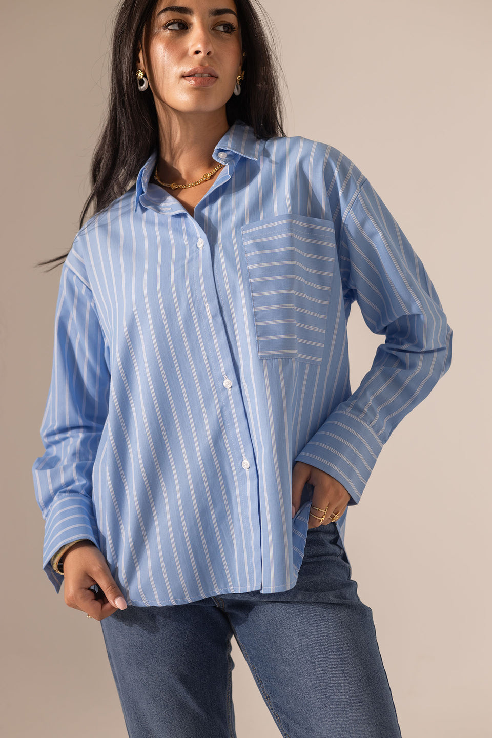 Light Blue Striped Long Sleeves Shirt