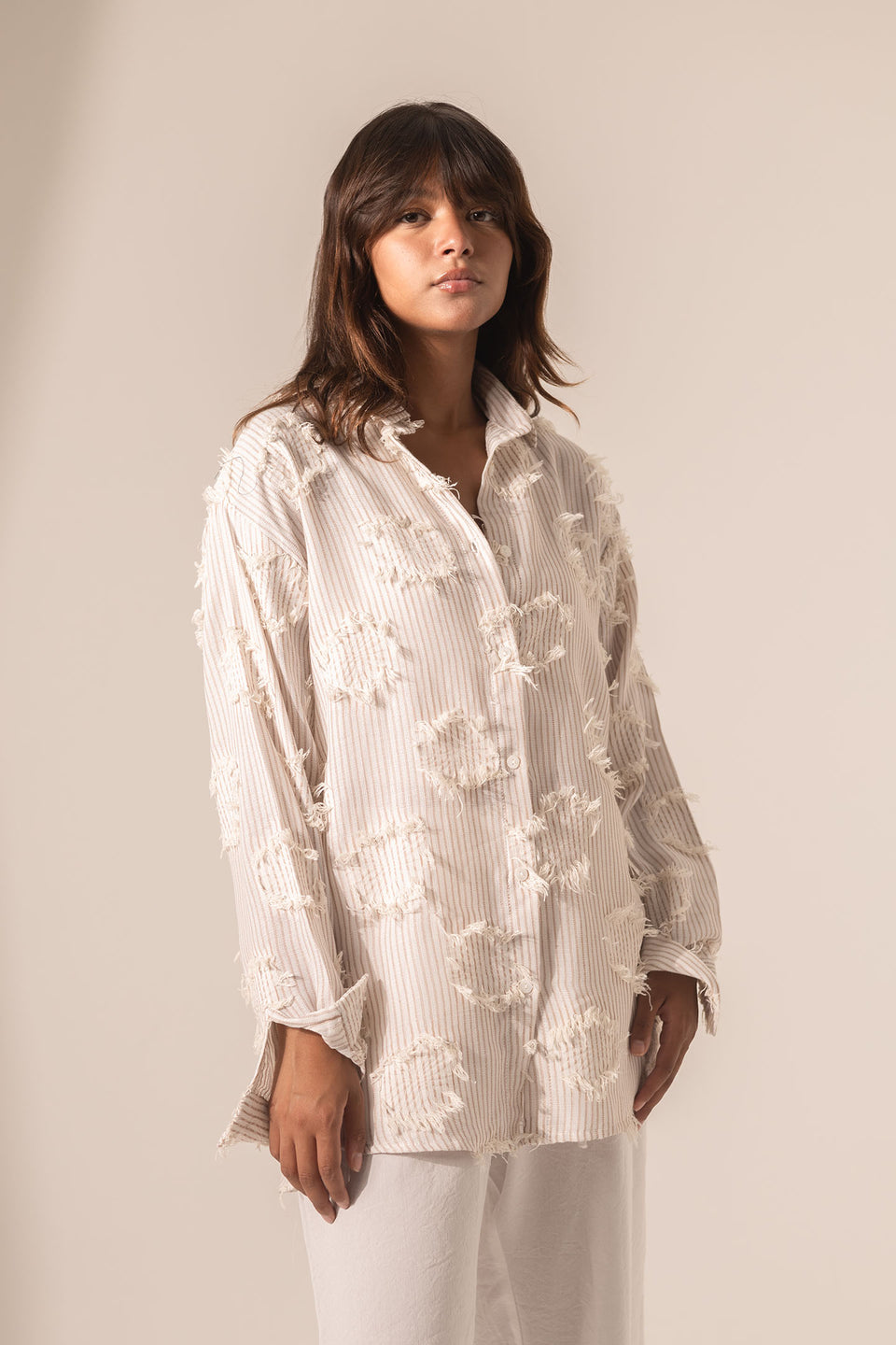 Brown Frayed Stripe Oversized Shirt