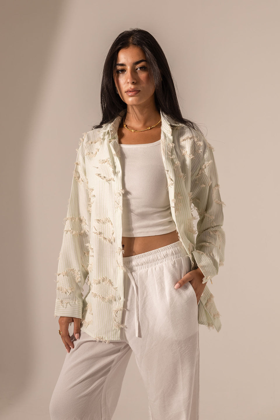 Green Frayed Stripe Oversized Shirt