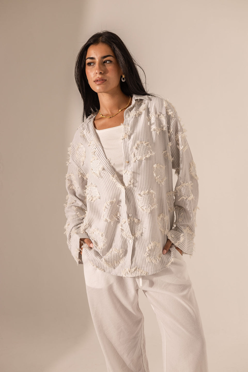 Grey Frayed Stripe Oversized Shirt