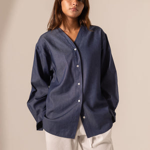 Dark Denim V-Neck Button-Down Shirt