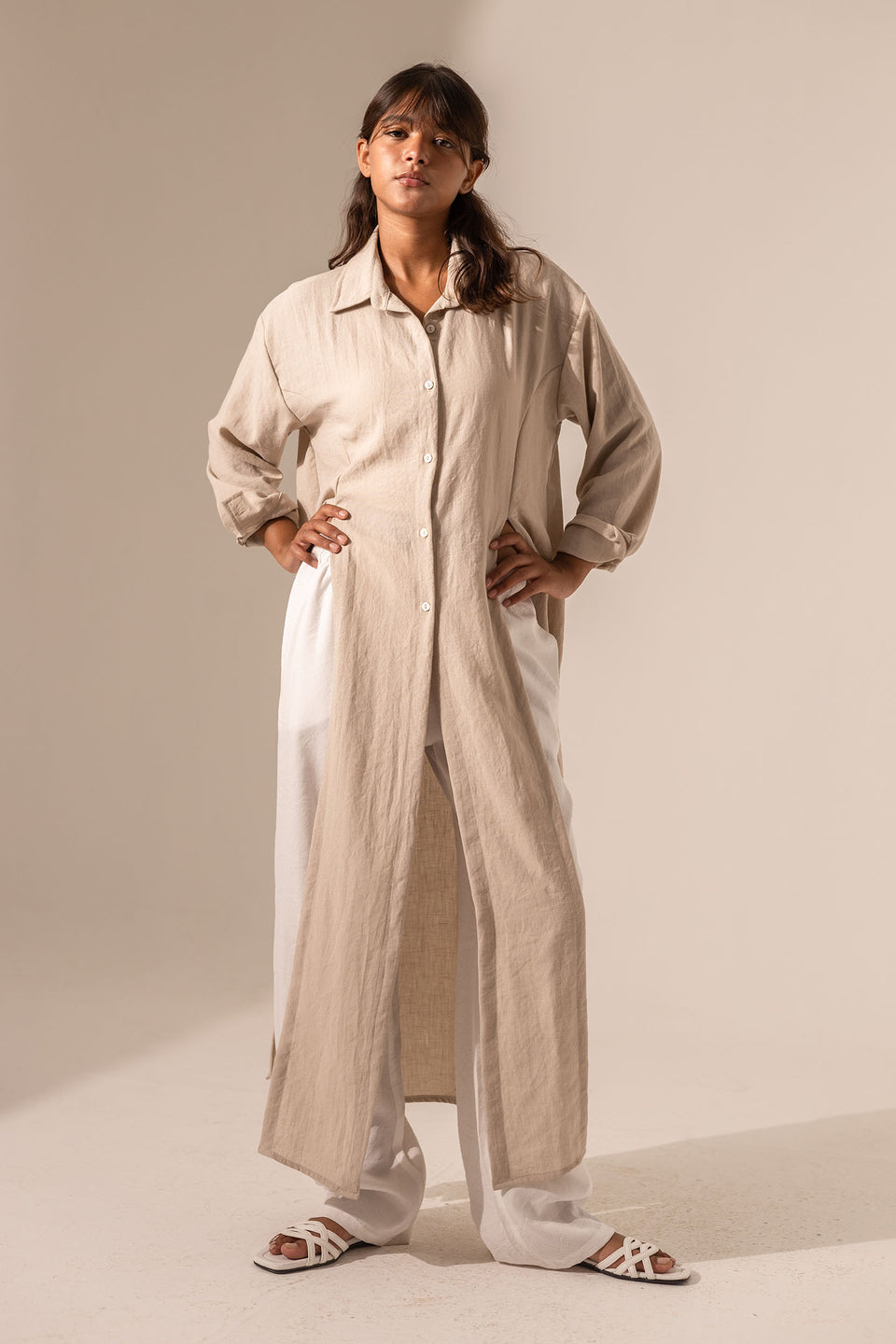 Beige Side-Slit Linen Long Shirt