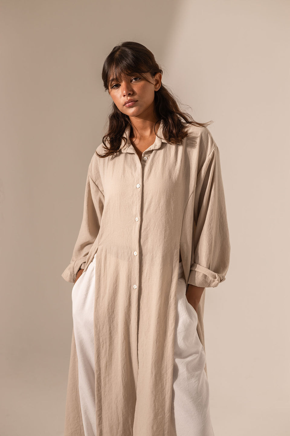 Beige Side-Slit Linen Long Shirt