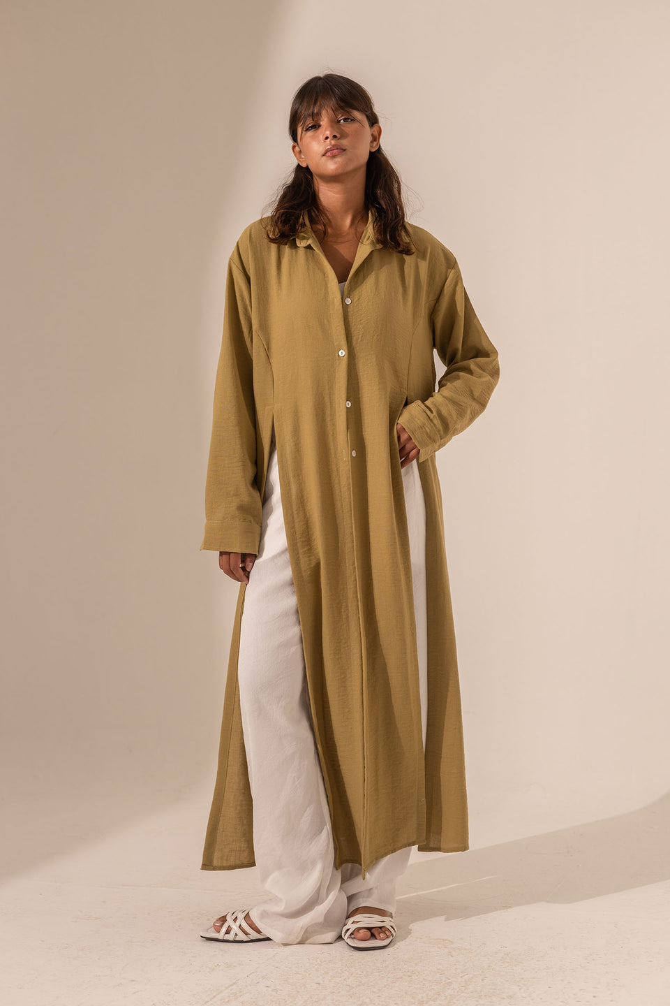 Olive Side-Slit Linen Long Shirt