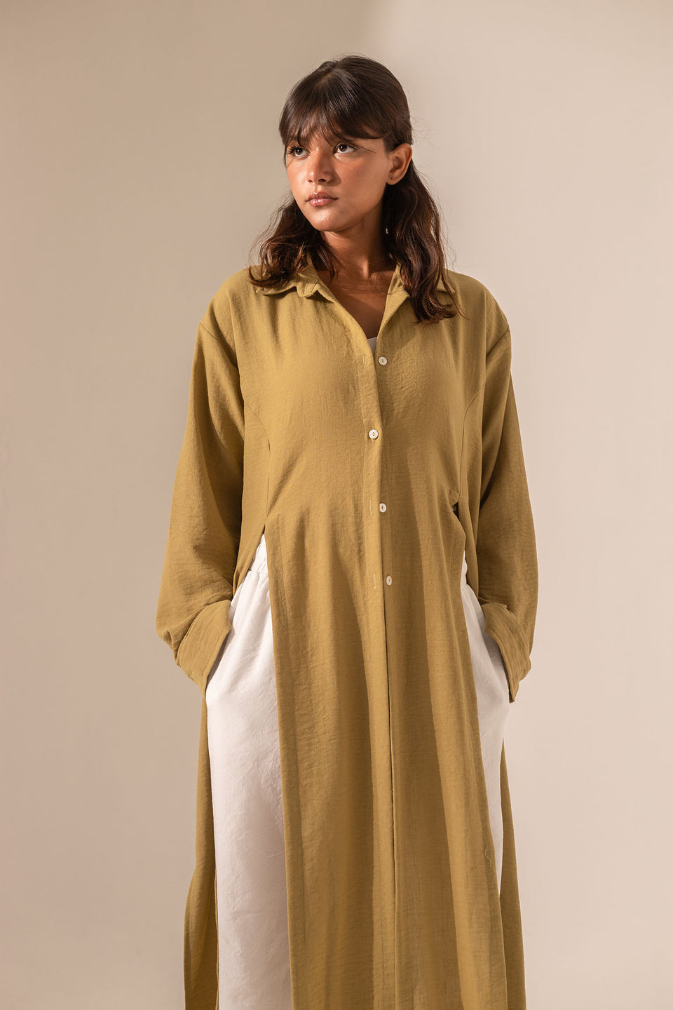 Olive Side-Slit Linen Long Shirt