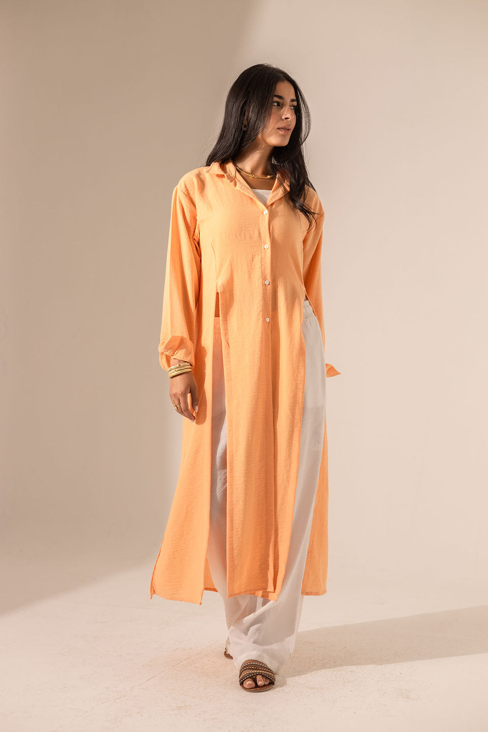 Orange Side-Slit Linen Long Shirt