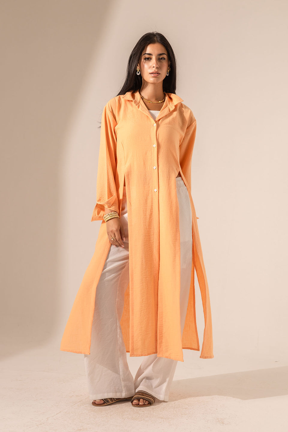 Orange Side-Slit Linen Long Shirt