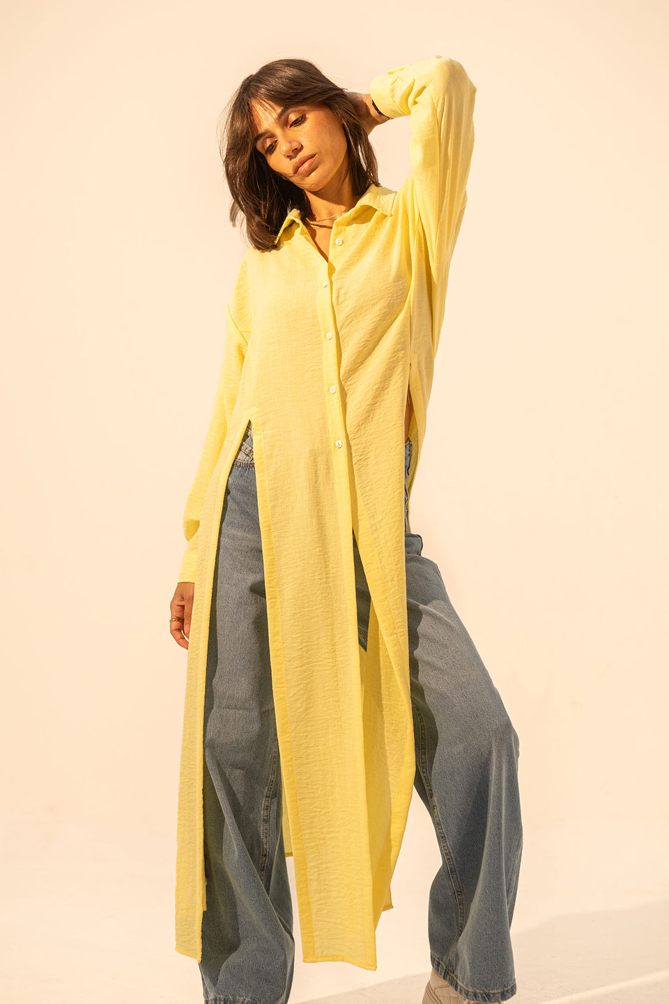 Yellow Side-Slit Linen Long Shirt