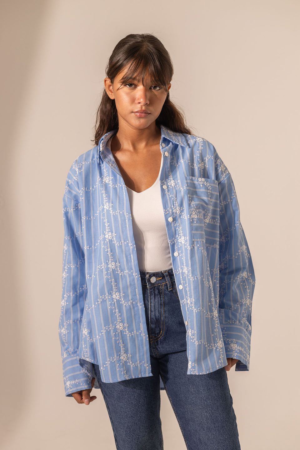 Blue Embroidered Long Sleeves Shirt