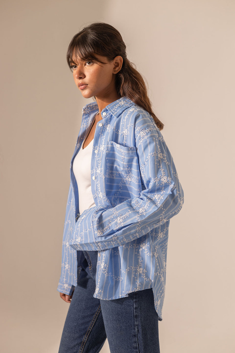 Blue Embroidered Long Sleeves Shirt