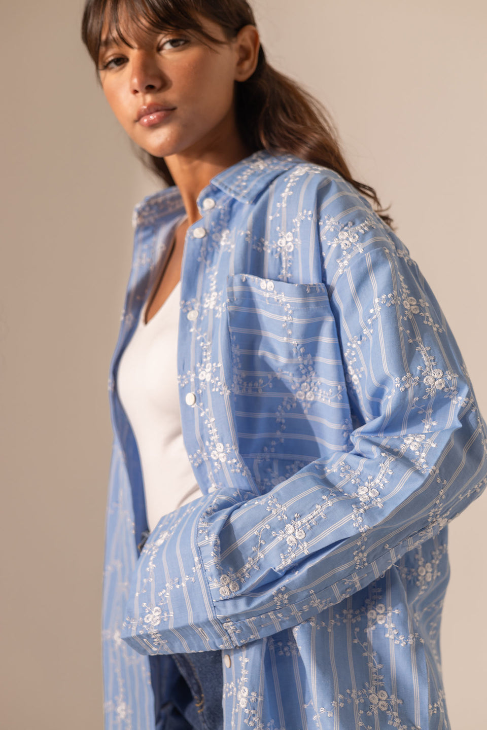 Blue Embroidered Long Sleeves Shirt