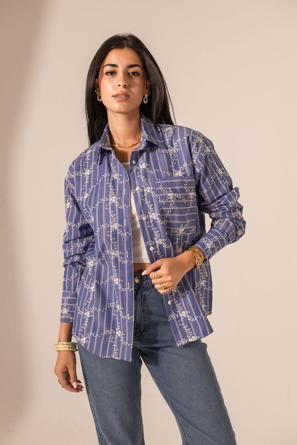 Navy Embroidered Long Sleeves Shirt